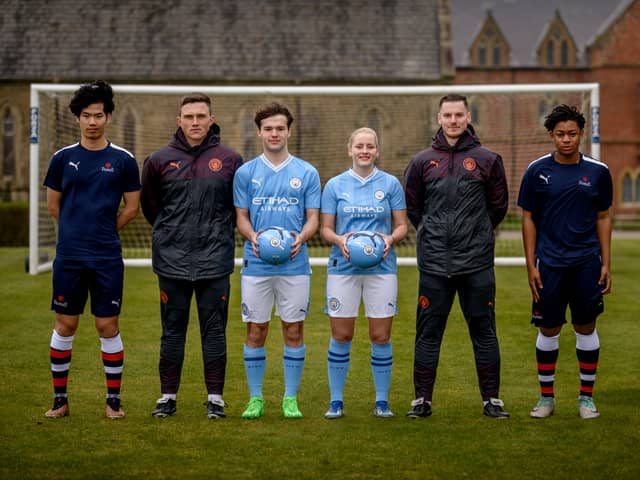 Left to right: Kaka Wongsiriluk (Rossall School student), Tom Russell (MCFC Coach), Campbell Reid (student), Maya Hansen (student), Bailey Whalley (MCFC Coach), Tim Charles (student)