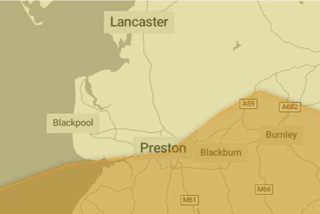The map showing which parts of Lancashire have yellow and amber warning in places. Credit: The Met Office